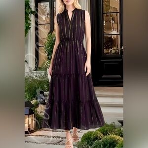 Casual Black Gold Metallic Striped Loose Relaxed Fit Sleeveless Midi Long Dress